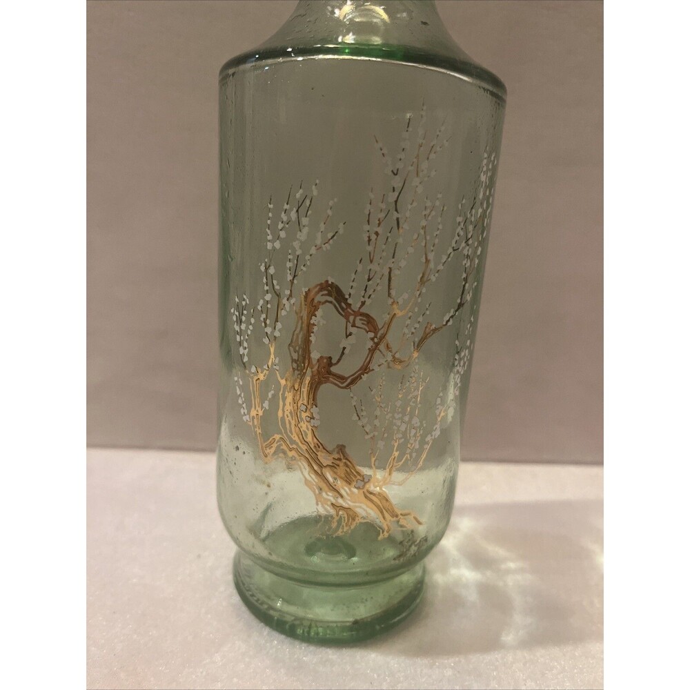 Vintage Green Glass Bottle Decanter Painted White Flowers Tree